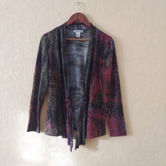 Vintage Suzie Sweaters - Women's Y2K Gold Textured Knit Open Front Cardigan Green Red Tie Dye Sz Medium